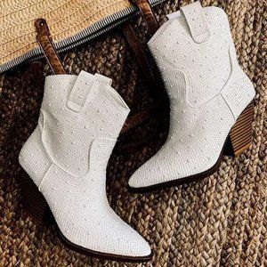 New Ivory Faux Pearl Cowboy Cowgirl Western Heel Ankle Boots Booties